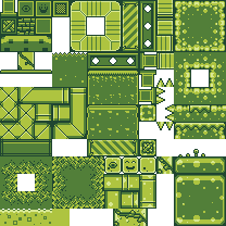 A green four-shade platformer tileset: grass, dirt, stone blocks, ladders, bushes and spikes.